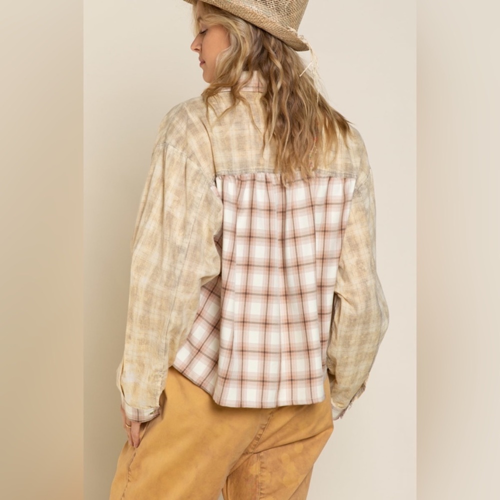 POL Bonfire Plaid Snap Buttondown Shirt Beige Brown Country Layering New Medium - Picture 4 of 11